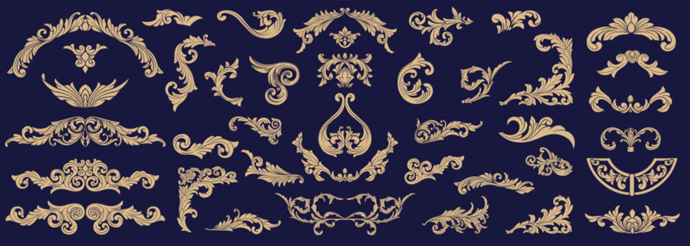 Vector set of Classical baroque vintage elements Decorative design. Gold Vintage flourish Decorations Elements. Baroque, arabesque, Damask, victorian, floral leaf pattern, Filigree elegant ornamental.