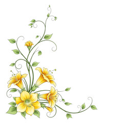 Watercolor floral corner with yellow flowers isolated on transparent background