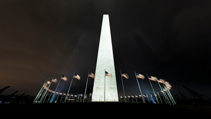 The Washington Monument in Washington, DC Wide Shot on a Spooky, Foggy Night