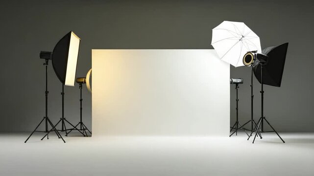 Professional photography studio setup with lighting equipment and backdrop.