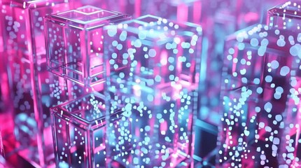 Dynamic pink and blue neon cubes pulsing with energy in a modern abstract design - Powered by Adobe