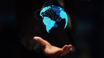 Global network connection visualization showing data exchange, digital link, worldwide...