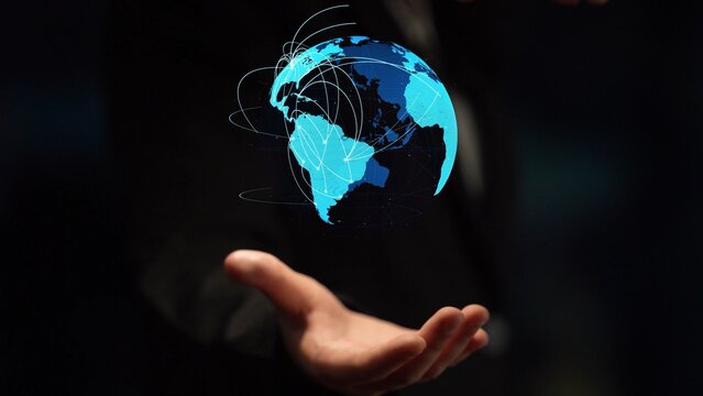 Global network connection visualization showing data exchange, digital link, worldwide communication. Global data flow and digital network infrastructure connecting regions around the world. Thunk