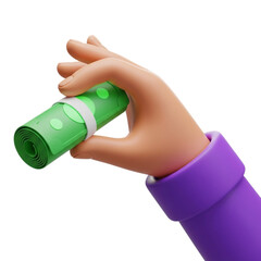 Cartoon hand holding a roll of money isolated on transparent background