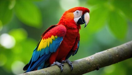 Vibrant Macaw Perched on Lush Green Branch, Bursting with Color A high resolution, detailed close up photograph of a scarlet macaw perched on a thick, mossy green branch. The macaw s feathers are