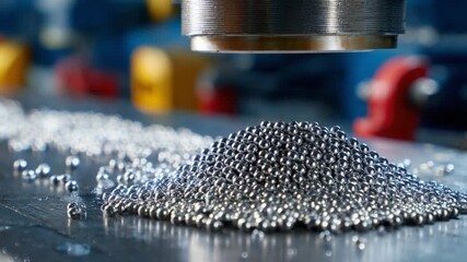 Metal Spheres in Industrial Scene: A close-up showcases a pile of shiny, metallic spheres. Illuminated by industrial machinery and representing the precision and efficiency of modern manufacturing. 