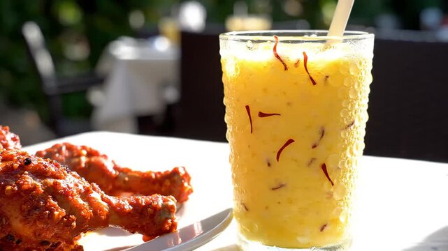 Tandoori chicken with saffron lassi drink on table