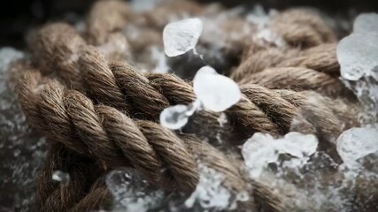 A detailed close-up view of a thick braided brown rope with pieces of ice and splashes of water captured in motion around it - Powered by Adobe