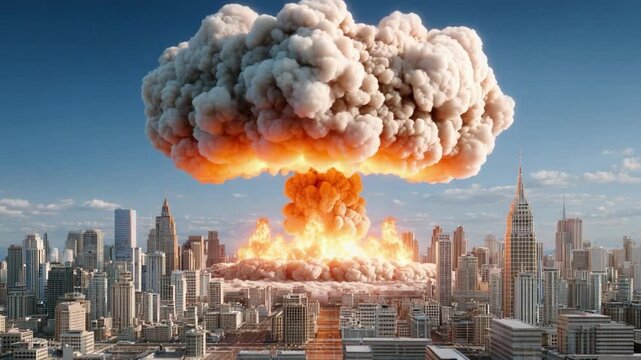 Apocalyptic Blast: A towering mushroom cloud erupts over a modern city, symbolizing destruction and the catastrophic consequences of conflict. The sky burns.