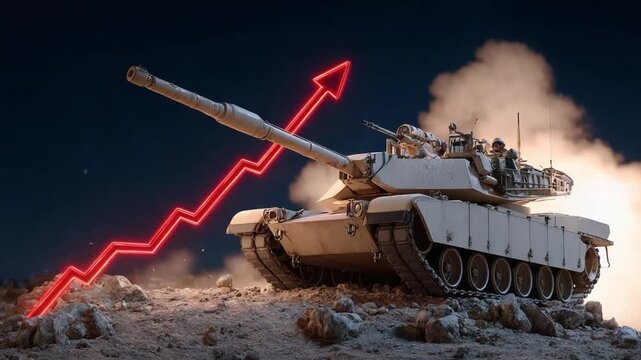 Military Tank: A powerful military tank advances with a symbolic ascending arrow, highlighting growth and strength, set against a dramatic backdrop
