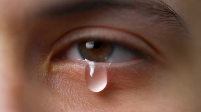 A single clear tear rolls down from a person's brown eye, conveying sadness or emotion.
