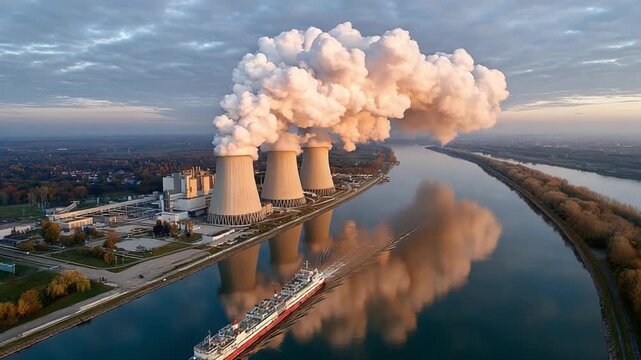 Industrial vista: a factory with enormous cooling towers belching plumes of smoke and vapor. A barge navigates the serene canal alongside, painting a contrast between industry and the water.