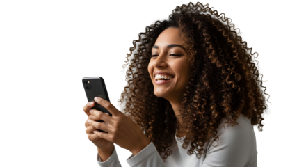 Smiling woman with curly hair using a smartphone, isolated on white background