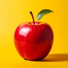 A Vibrant Red Apple with Leaf on Yellow Background.