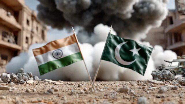 Flags of Nation: Two national flags stand proudly amidst a scene of destruction, each a symbol of the respective countries involved.