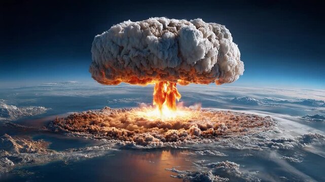Nuclear Explosion Over Earth: A dramatic depiction of a nuclear explosion mushrooming over the Earth, symbolizing the catastrophic consequences of war and the fragility of the planet.