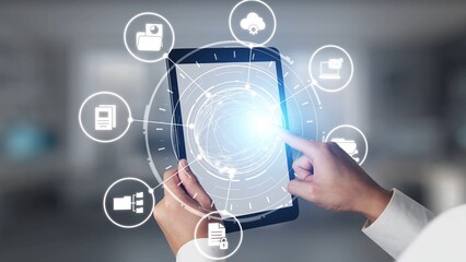 Concept design of managing online documents with cloud storage, digital file management, and secure sharing. Online documents improve workflow, online documents enhance security. Gist