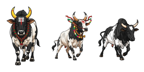 Three Traditional Jallikattu Bulls Running, Decorated with Religious Ornaments, Representing Tamil Nadu Culture, Pongal on White , PNG Background