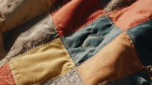 Close-up of a colorful patchwork quilt with contrasting textures and stitches