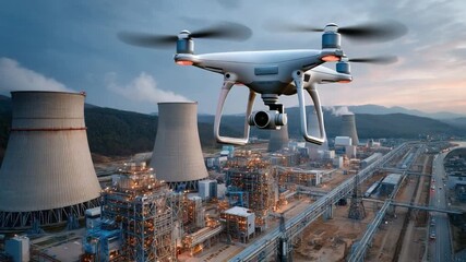 Drone in Industrial Landscape: The modern industrial scene, a drone hovers gracefully in the sky, surveying a sprawling power plant, embodying the cutting edge of technology