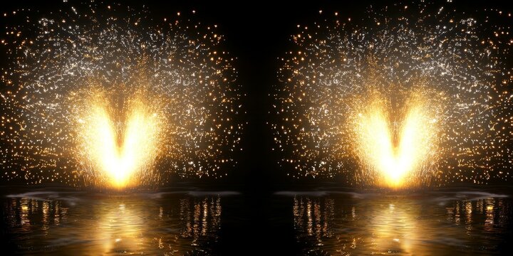 The captivating display of a golden fountain contrasts against a black backdrop.