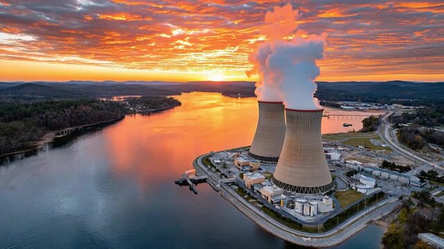 Sunset over Nuclear Plant: Majestic towers of a nuclear power plant, a symbol of industrial innovation, stand silhouetted against a vibrant sunset sky.