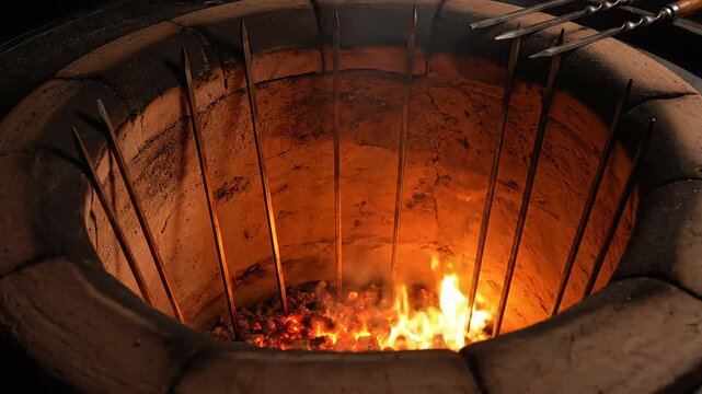 Tandoor oven with fire and skewers for cooking indian food