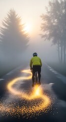 A cyclist riding on a foggy road during sunrise with glowing light trails creating a magical atmosphere