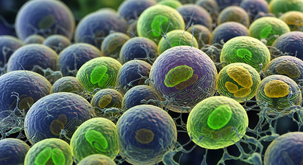 Microscopic view of cells with green and purple nuclei in a cluster