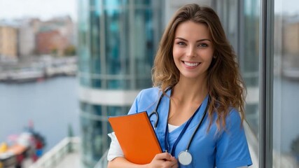 Caring Medical Professional: A compassionate healthcare provider stands confidently, embracing her profession with a warm smile, ready to offer care.