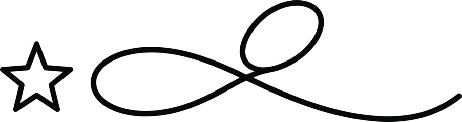 Outlined star, decorative swirl, elegant flourish, black vector, minimalist design, graphic accent, looping embellishment, stylish motif, white background, simple art