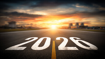 Road to 2025 with an empty road with written 2026 and arrow pointing towards the horizon to represent the future and positivity and success of the new year 2026
