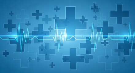 Abstract blue medical background with glowing crosses and heart rate ECG waveform, symbolizing health technology and science.