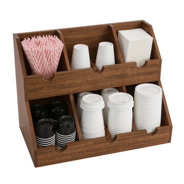 Efficient coffee bar organizer showcasing wooden dividers and multiple compartments