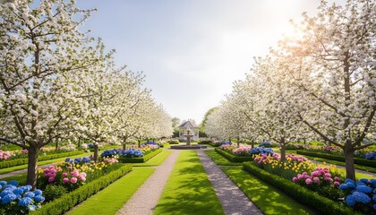 A symmetrical garden with flowering trees lining pathways leading to a gazebo and fountain area