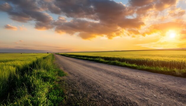 A dirt road stretches into the distance through a field under a bright sunset with cloudy sky