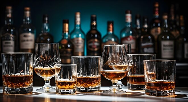 Assortment of whiskey glasses filled with amber liquid against a backdrop of liquor bottles