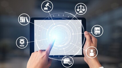 Law icons illustrate justice, court, and regulation system. Law represents fairness, law supports...