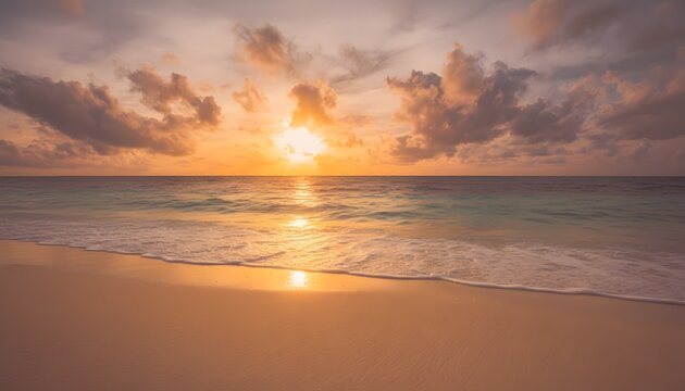 A serene beach scene featuring a golden sunset reflecting on the water and wet sand shore line