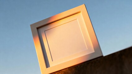A wooden picture frame leaning against a wall under a clear blue sky, illuminated by warm sunlight.