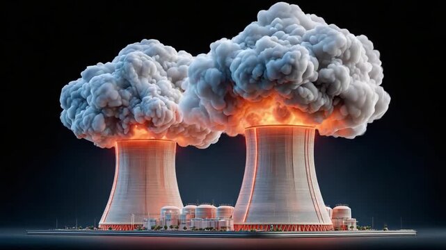 Nuclear Power Plant Eruption: A high-angle view captures the intense energy of a nuclear power plant, where billowing plumes of smoke and vapor rise dramatically into the sky.