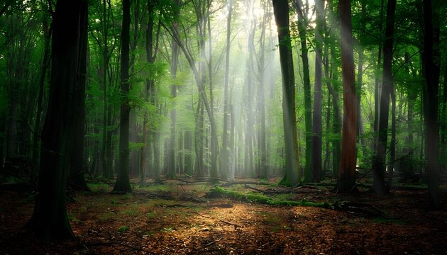 Sunlight shining through the trees in a dense green forest with a ground covered in leaves