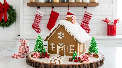 Festive gingerbread house on a wooden slab in a bright Christmas kitchen, decorated with red and white holiday accents and cozy seasonal details.