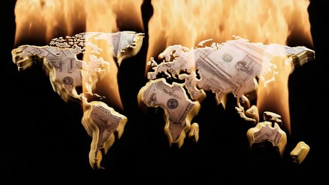 Global Financial Inferno: A poignant visual of the Earth, consumed by flames and intertwined with currency notes, symbolizes the escalating financial crisis and its widespread consequences.