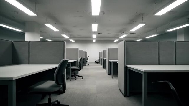 Empty office with rows of cubicles under bright lights
