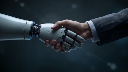Futuristic handshake with a robot, showcasing collaboration and innovation in the digital age, symbolizing the future of business and technology solutions