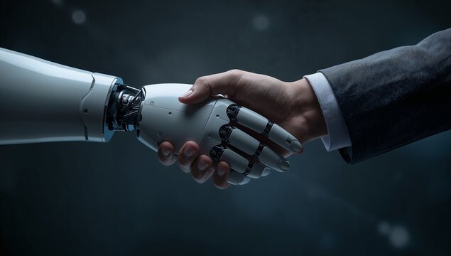 Futuristic handshake with a robot, showcasing collaboration and innovation in the digital age, symbolizing the future of business and technology solutions