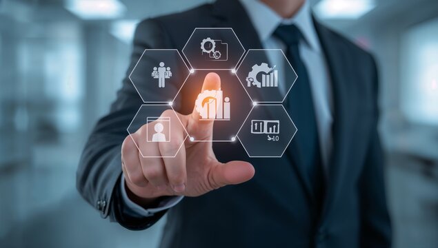 Modern business professional engaging with innovative management interface for strategic growth and enhanced teamwork, fostering success and streamlined operations