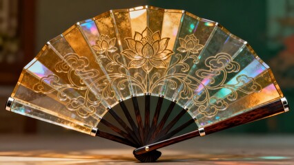 An ornate decorative fan with translucent panels featuring intricate floral engravings and iridescent sheen.
