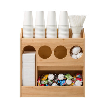 Organized beverage station with disposable cups and condiments against a black backdrop